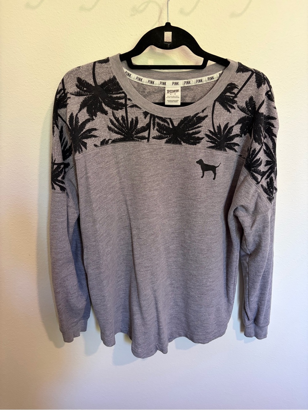 Victoria's Secret Gray Crewneck Sweater with Black Palm Print